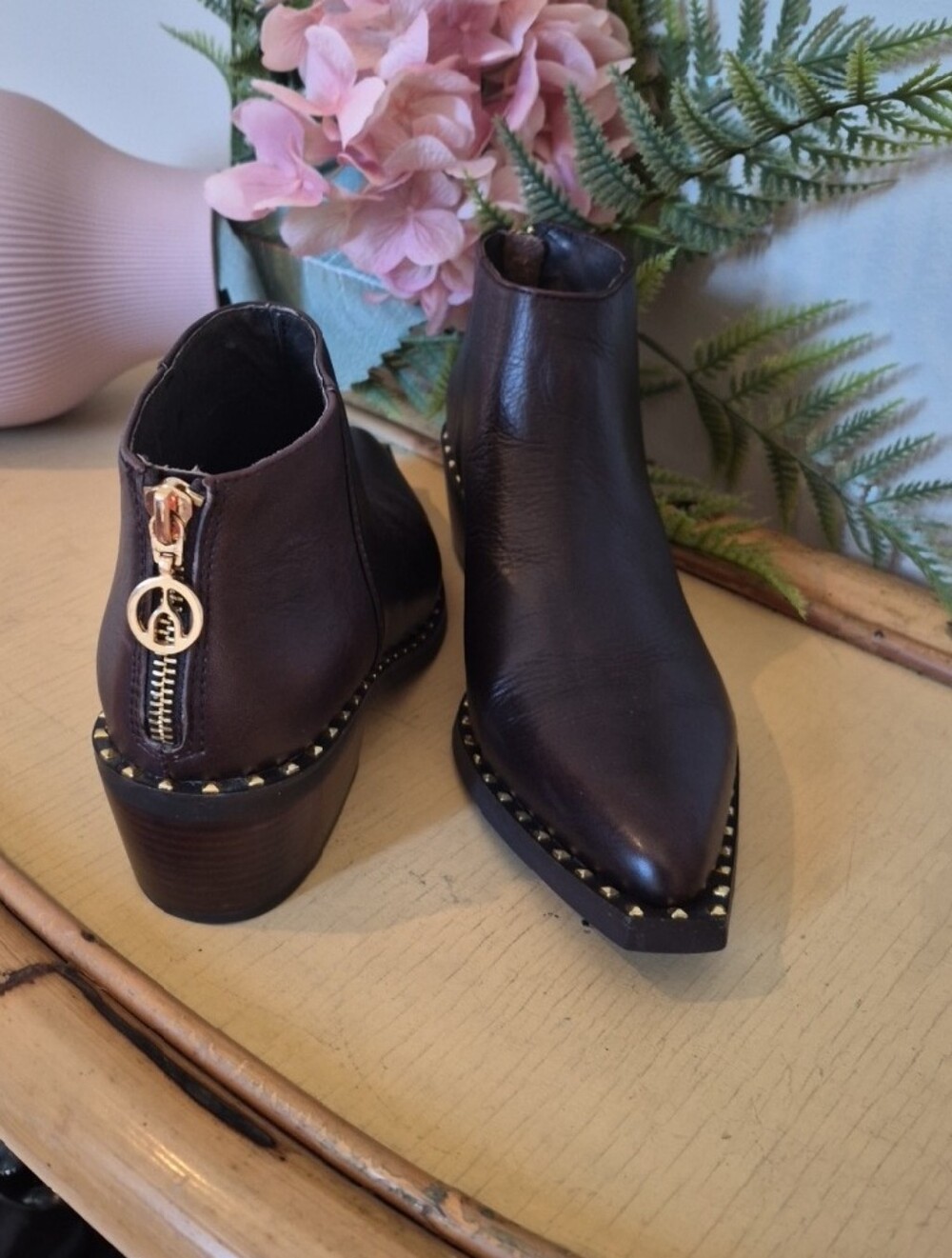 The Wishbone Collection Women's Dark Brown Leather Ankle Boots with Stud Trim - Picture 2 of 4